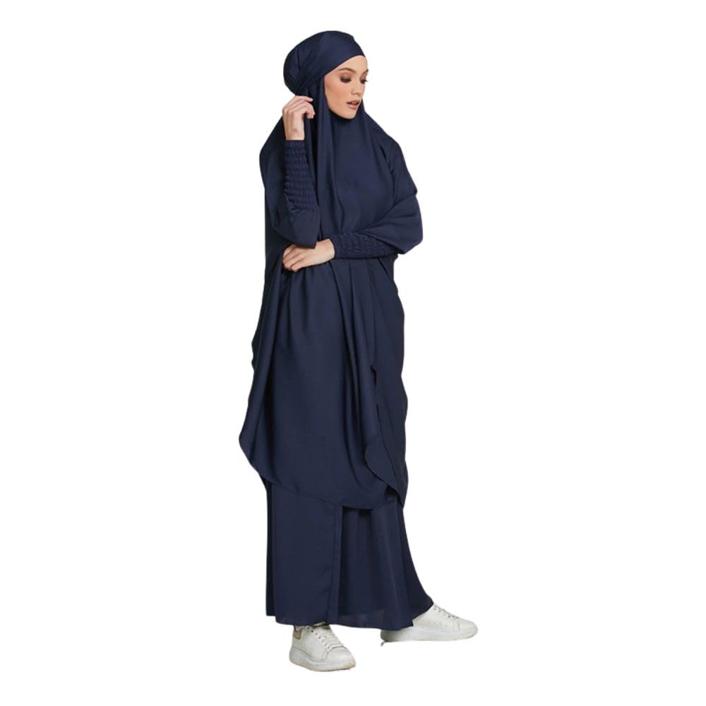 2-Piece Knee-Length Jilbab Set Khimar Style Abaya and Skirt with Chunnat Slevees/Dolman Sleeves Navy Blue Color| Tie Back Burkha Jilbab Khimar Style Abaya-image-2