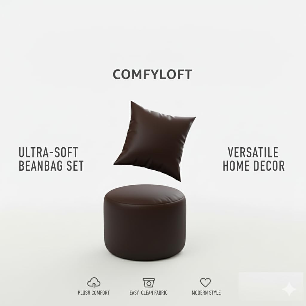 BJ ALUMINIUM Bean Bag Chair for Adults & Kids | High Back Support, Leatherette Bean Bag with Mobile Pocket |Seating for Living Room, (Cover Only Without Bea (Brown, 5XL, Bean Bag + Pillow + FOOTREST) 1