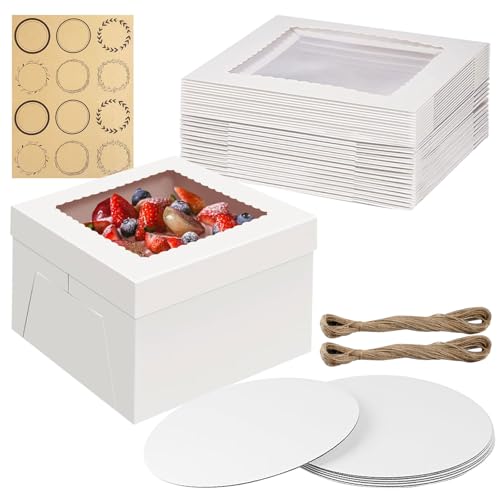 Lot de 6 boîtes à gâteau blanches avec fenêtre, plateau à gâteau, corde de chanvre décorative et feuille d'autocollants, boîte de transport pour gâteaux, pâtisseries (30,5 x 30,5 x 20,3 cm)