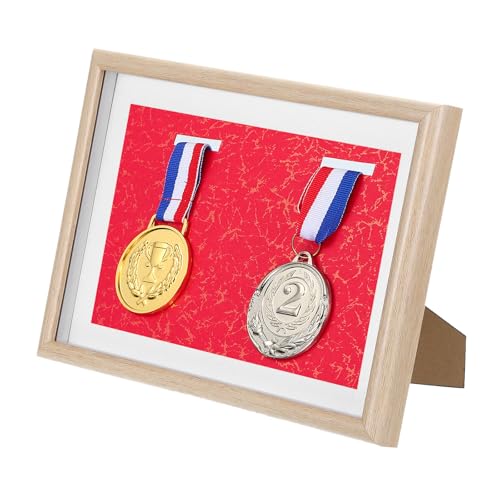 Espositore per Medaglie 2 Cornici Esposizione Cornice Sportive per Foto Maratona Nuoto Triathlon Base Rossa Pioppo Bianco A4