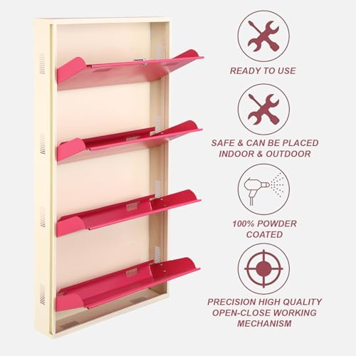 Image of Metal Shoe Rack Wall Mounted for Home with Central Locking 4 Door 28 inch Wall Mounted Metal 12 Pair Shoe Rack Cabinet Pre-Assembled Rack Shelves 3 Year Warranty (Pink & Ivory)