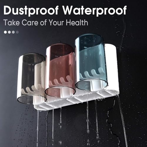 Image of QONETIC Wall Mounted Tooth Brush Holder for Bathroom with 4 Mouthwash Cups | Bathroom Toothbrush Organizer | Multi-Compartment, Dustproof & BPA-Free Brush Holder for Bathroom Storage