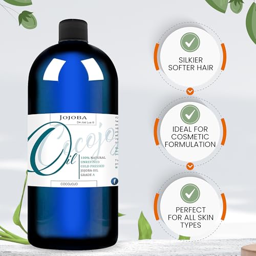 Dr Joe Lab Jojoba Oil Organic Cold Pressed for Hair Growth, Skin, Face, Deep Moisturizing Anti-Aging, Essential Oils - 32 Fl Oz