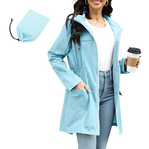 PONCEAU Damen Wasserdicht Regenjacke Windbreaker Regenjacke Lang damen Leichte Jacke übergangsjacke Lang zum Wandern Reisen Treking Fahrrad