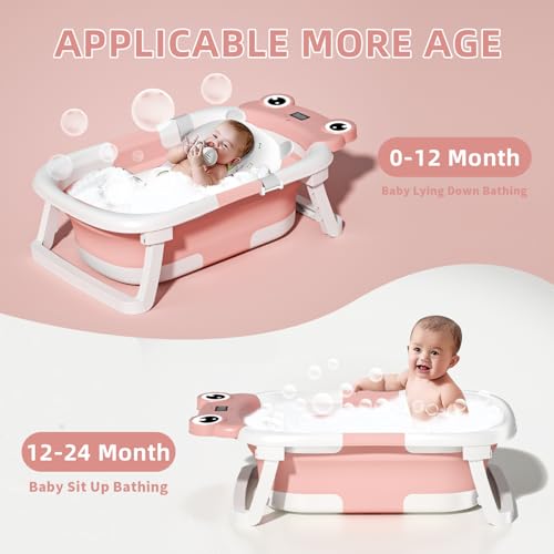 CUDDLEBUBS Collapsible Baby Bathtub | Foldable Baby Bath Tub with Soft Floating Cushion & Thermometer | Collapsible Portable Travel Baby Bath Tub with No-Slip Feets (Pink)