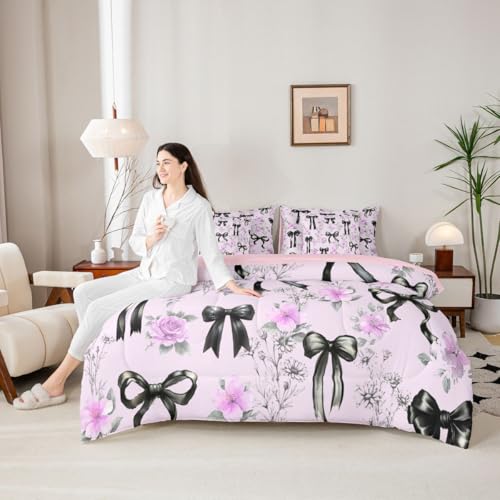 Image of Black Bow Tie Queen Comforter Set with Sheets | Boho Flowers Pink Floral 7 Piece Bedding Set Princess Bow Bed in a Bag, Girly Dreamy Ribbon Bowknot Room Decor,Cute Room Decor Aesthetic Kawaii