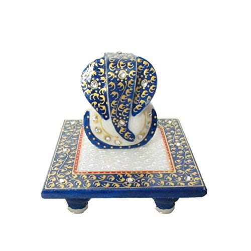 Seigneur Ganesha sur son Chowki en marbre bleu miniature Loi-431 de 10cm