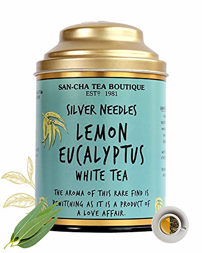 Image of Sancha Tea Boutique Lemon Eucalyptus White Tea 75g | Pure Silver Needle Tea Buds | Blended with Real Eucalyptus Leaves | Low Caffeine | Premium Loose Leaf