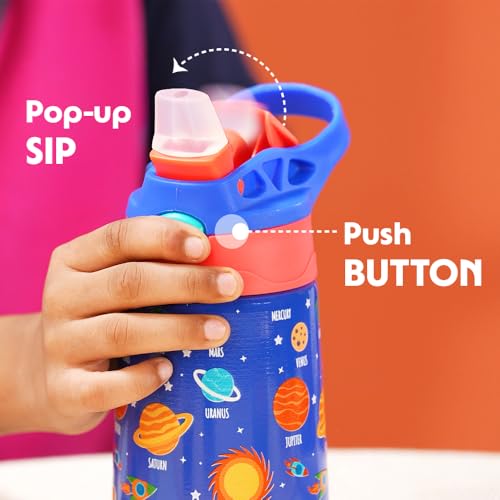 Image of Borosil 330 ml Space Design Kids Stainless Steel Bottle | ISI Certified Made in India | 8 Hrs Hot & Cold Double Wall Vacuum Insulated Flask | Push & Straw Lid | Powder Coated Finish | 1 Year Warranty