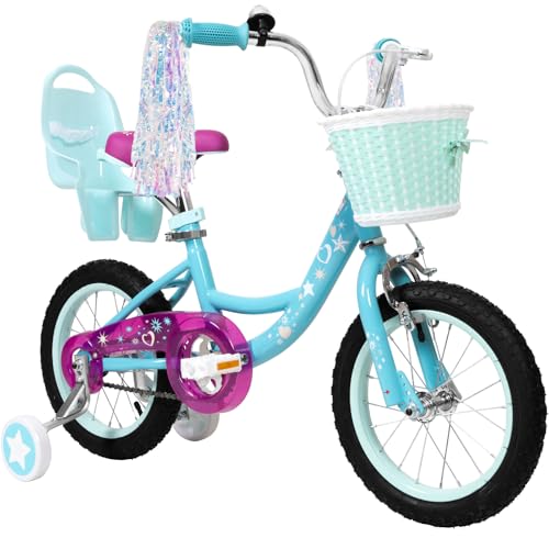 WEIZE Girls Bike for 3-5 Years Old Kids, 14 Inch Kids Bike with Training Wheels, Streamers, Basket and Doll Seat, Children Bicycles with Coaster Brake, Blue