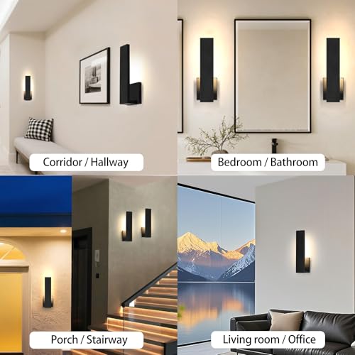 Image of Aluminum LED Modern Wall Sconces Set of 2, 18W Matte Black Waterproof Sconce Wall Lighting Indoor Outdoor, Hardwired Wall Lights for Office,Porch, Bedroom, Bathroom, Living Room,Stairway