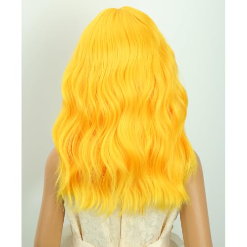 Image of Deep Yellow Wig short Yellow Wavy Curly Wigs Wig with Air Bangs Synthetic Cosplay Hair Wigs