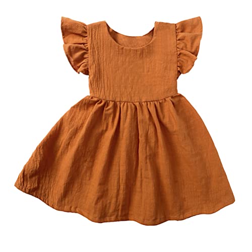RUKOSU Toddler Baby Girls Dress Summer Cotton Linen Ruffle Bowknot Backless Sleeveless Kids Casual Beach Party Dresses Brown 9-12 Months
