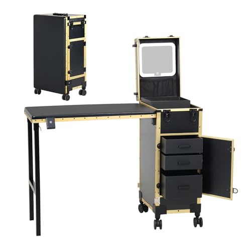 Rolling Portable Manicure Table with 3 Drawers, Lockable Makeup Train