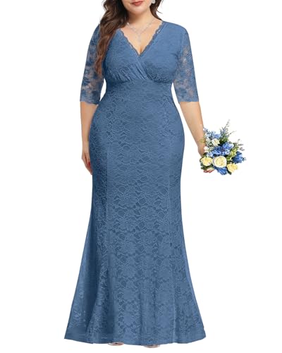 Image of Pinup Fashion Plus Size Formal Evening Dress Wedding Guest Bridal Gowns | Floral lace, wrap v-neck, 3 /4 sleeves, empire waist, mermaid floor length, side zipper