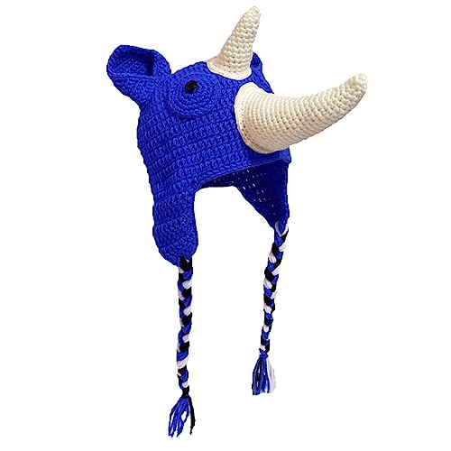 BOMHCS Handmade Crochet Rhinoceros Horn Hat Briad Earfalps Earmuff Beanie Animal Headear (Large, Blue)