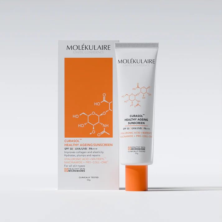 Molékulaire Curasol Healthy Ageing Sunscreen with SPF 50 | PA+++ | Hyaluronic Acid | Peptides | Niacinamide| Broad spectrum sunscreen with protection against UVA/UVB | Boosts Collagen | Plumps skin