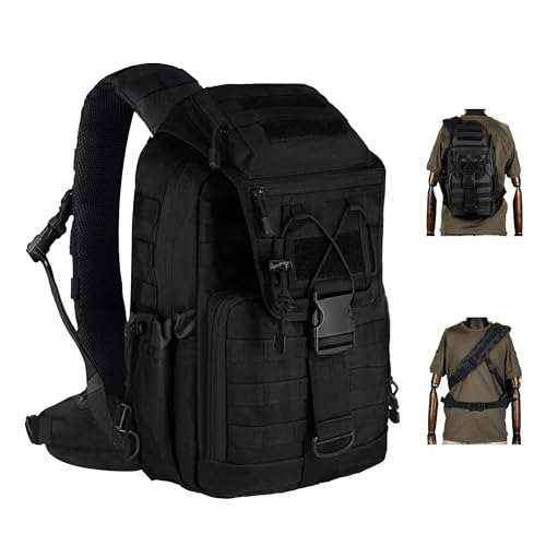 MANETTA Taktische Umhängetasche, Große Schultertasche mit abnehmbarem Hüftgurt, Crossbody EDC Tasche, Daypack mit Molle System, Rucksack für Reisen, Angeln, Wandern und Trekking (BLACK PRO MAX)