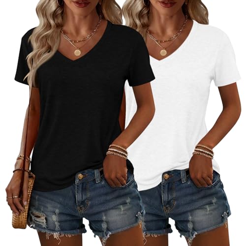 2 Pack Womens Summer Tops V Neck Short Sleeve T Shirts 2026 Basic Casual Tees Trending Clothes