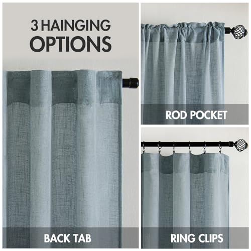 MIULEE Dusty Blue Linen Curtains 63 Inch Length 2 Panels for Bedroom Living Room, Soft Thick Linen Textured Kitchen Window Drapes Semi Sheer Light Filtering Back Tab Rod Pocket Burlap Look Decor