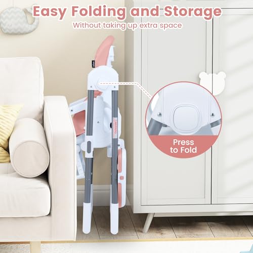 Image of INFANS High Chair for Babies and Toddlers, Foldable Highchair with 7 Different Heights 4 Reclining Backrest Seat 3 Setting Footrest, Removable Tray Built-in Rear Wheels with Locks