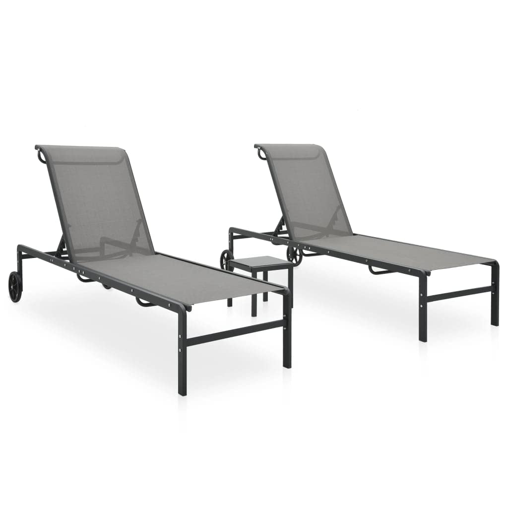 Lettino da giardino, 2 pezzi, con tavolo in textilene e acciaio, regolabile, pieghevole, con ruote, per terrazza, balcone, piscina, campeggio, vacanze, benessere, sauna, relax, lettura, riposo