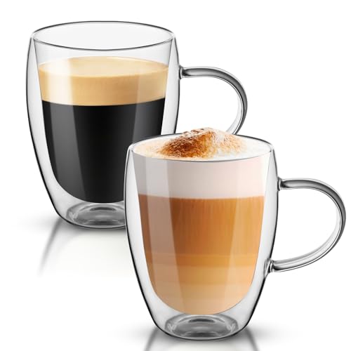 Dyserbuy 2 er Set Doppelwandige Kaffeegläser 350ml Doppelwandige Gläser mit Henkel Borosilikatglas Kaffeegläser für Latte Macchiato Cappuccino Milch Teeglas