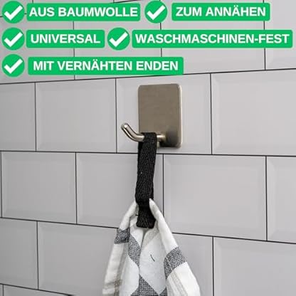 Handtuchaufhänger zum Annähen, 24 Stück, 150 x 12 mm Schlaufen, in Schwarz, aus Baumwolle, umgeschlagene und vernähte Enden, Aufhänger Halter Set für Geschirrhandtuch, Handtuch, Lappen, Deko, Camping – Bild 3