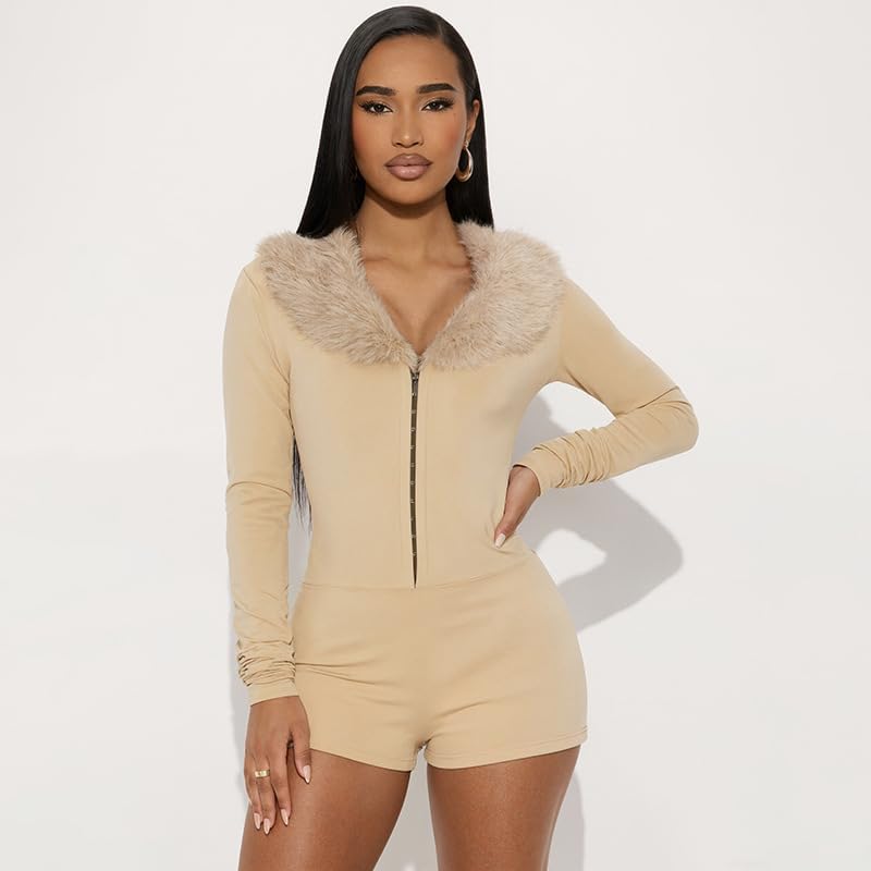 Womens Sexy Faux Fur Romper Deep V Neck Buckle Long Sleeve Shorts Jumpsuit Y2K Bodycon Club Outfit Going Out - Image 4