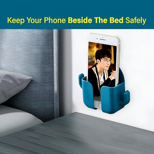 Image of LikeStar Premium Multi-Functional Wall Phone Holder | No-Drill Sticky Stand with Hook for Charging & Storage | Self-Adhesive Wall Phone Holder with Hook | for Bedroom, Office, Bathroom - White