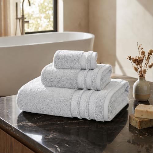 Image of MYTRIDENT Finesse 3 Piece Towel Set (1 Pc Bath Towel, 1 Pc Hand Towel, 1 Pc Face Towel), 625 GSM, Zero-Twist, Luxuriously Soft, 100% Cotton, Grey