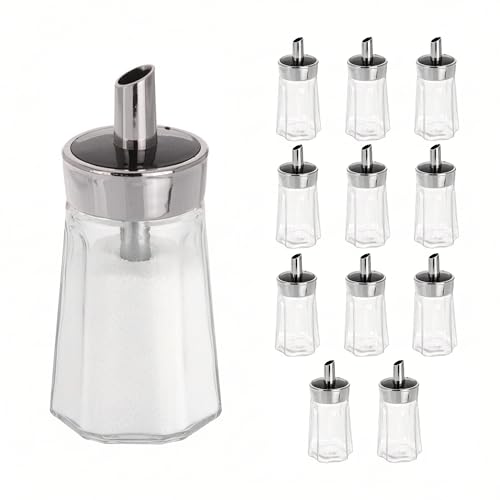 GEEZY Pack of 12 Glass Sugar Dispensers with Pourer Spout - Retro American Diner Style Sugar Shaker Pots - Refillable Sweetener Container Jars for Coffee Shops, Cafes, Restaurants & Kitchen Table