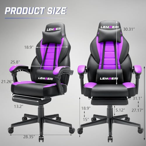 Image of LEMBERI Big and Tall Gaming Chair 400lb Capacity, Heavy-Duty Office Chair with Reinforced Footrest, Wide Seat High Back PC Desk Chair with Linkage Armrests, Thickened Steel Frame, PU Leather, Purple
