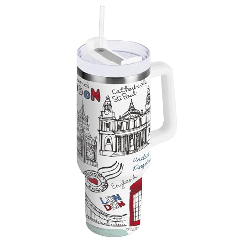 susiyo 40oz Stainless Steel Vacuum Insulated Tumbler with Spill-Proof Lid and Straw, London Landmark Doodle England Vintage Icons Double Wall Thermal Tumbler Cup Leak Resistant Water Bottle Travel Mug