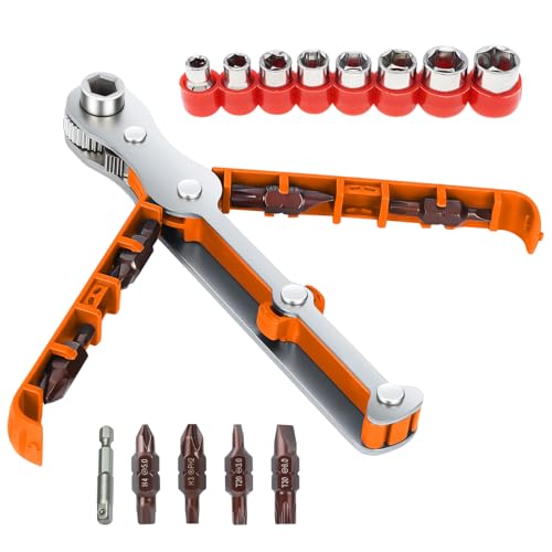 14PCS Right Angle Ratcheting Screwdriver Set with Double-sided bit Storage, 1/4” 90 Degree Offset Screwdriver Low Profile, 36-Tooth Magnetic Mini Ratchet Wrench for Tight Space,Men Gifts EDC Tool