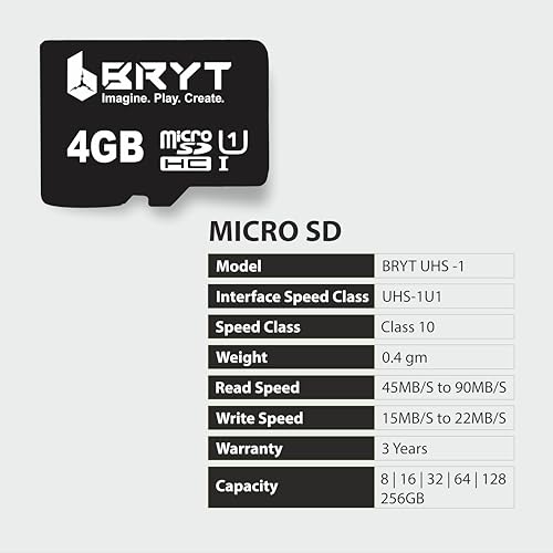 Image of BRYT 4GB MSD SDHC CL10 UHS-1 Memory Card Read Speed 90 MB /s for Camera, Smartphone, Mobile & Tablets