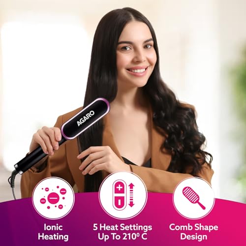 AGARO Hair Straightening Brush, Hair Straightening Comb For Women, Fast Heating, Ionic Care, 5 Heat Settings, Hair Straightener, Hot Brush, Gives Naturally Straight Hair in 5... - Image 2
