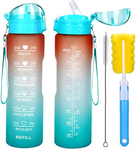 XACIOA 32oz Water Bottle with Straw&Time Markings,Leakproof BPA Free,Ensure You Drink Enough Water Throughout The Day for Fitness and Outdoor Enthusiasts,With Straw and Brush