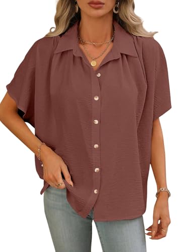 Image of GRECIILOOKS Oversized Shirt for Women | Shirt Top for Woman |Women's Color Block Button Down Blouse - Casual Loose Fit Short Sleeve Summer Shirt's Work, Vacation & Everyday Wear