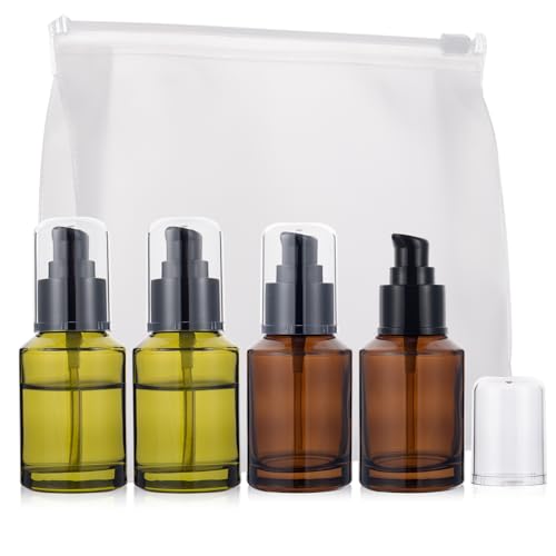 4 Pack 2oz Glass Pump Bottles Set for Toiletries, 2 Amber & 2 Green Pump Bottle Dispenser with Travel Pouch, Leak-Proof Mini Pumps Dispenser for Lotion, Serum, Oil - TSA Approved Travel Size Container