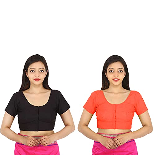 Image of Namita Women's Rubia Cotton Half Sleeve Readymade Blouse (U-COT-COM-2-BLACK-ORANGE-32 Black, Orange 32)