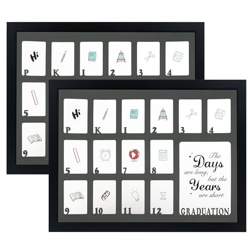 GMFrames School Days Photo Frame Prek-12 - 12 * 16 for Pre-School & Kindergarten to 12th Grade - Holds (1) 5x7 & (13) 2x3 Wallet Size Photos - Black-Grey Mat, 2 Packs by GMFrames - Used condition - CA$40.92