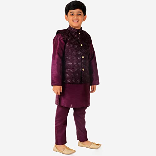 Image of Pro-Ethic Style Developer Kurta Pajama For Kids Boys With Waistcoat | Silk | Floral | Traditional Dress (S-200)