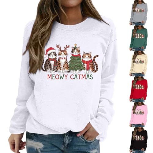 HUIFUAO Meowy Catmas - camisola de Natal para mulher, com estampado de gato, camisolas de Natal na moda, árvore de Natal, Pai Natal, camisola de manga comprida, verde, L