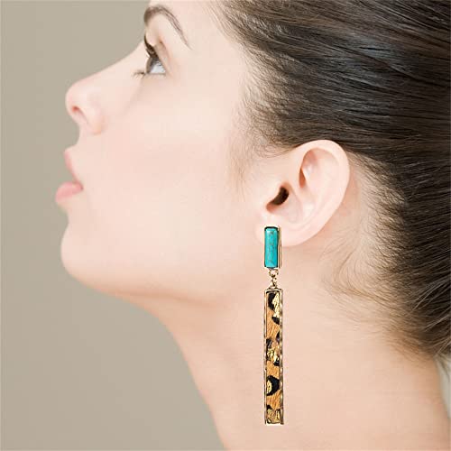 Rectangle Turquoise Dangle Earrings for Women Hypoallergenic Gold Tone Long Charms Birthstone Leopard Print Faux Leather Drop Dangling Stud Retro Lightweight Birthday Holiday Party Jewelry Gifts2