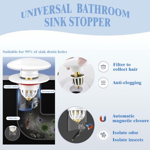 Ceramic Bathroom Sink Drain Stopper - Sink Drain Strainer, Pop Up Stopper, Basin Drain Filter, Isolate Odor & Insect - Revolutionary Bathroom Accessories & Essentials-2PACK by Generic - Used condition - Image 3