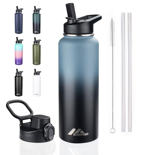StarSpeed 40oz Insulated Water Bottle with Straws & 2 Lids, Stainless Steel Double Walled Vacuum Water Flask, Wide Mouth Sports Water Bottle for Gym Camping Hiking, Indigo Black