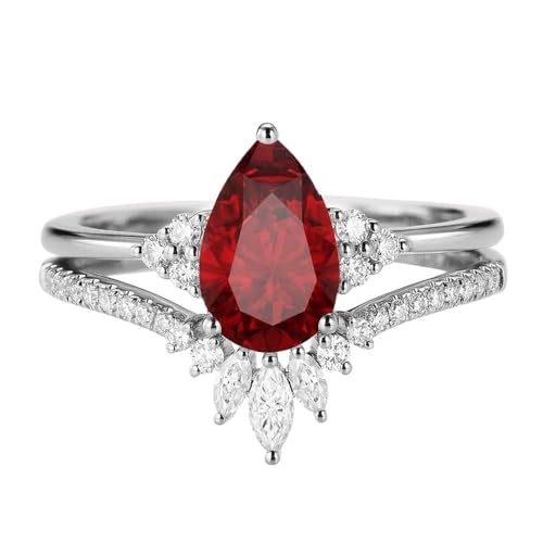 2 Carat Gemstone Wedding Ring Set - Pear Shaped Gem with Moissanite Bridal Sets Wedding Rings White Yellow Rose 10K 14K 18K Gold 925 Sterling Silver Pear Womens Wedding Ring Sets for Women