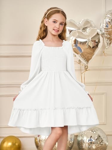 Haloumoning Girls Lantern Long Sleeve Dresses Kids Square Neck High Low Hem Smocked Fall Dress 5-14 Years2