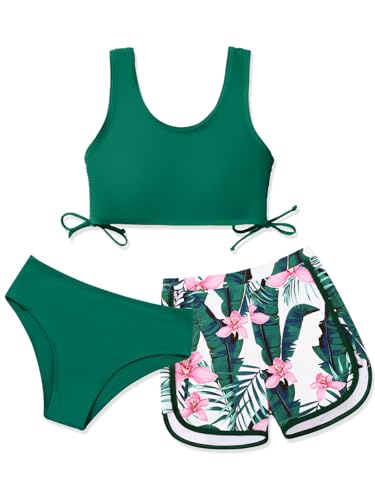 Image of Girl's 3 Piece Bikini Bathing Suit Printed Sport Swimsuits with Shorts Cove Up Sets Teen Girl's Swimwear